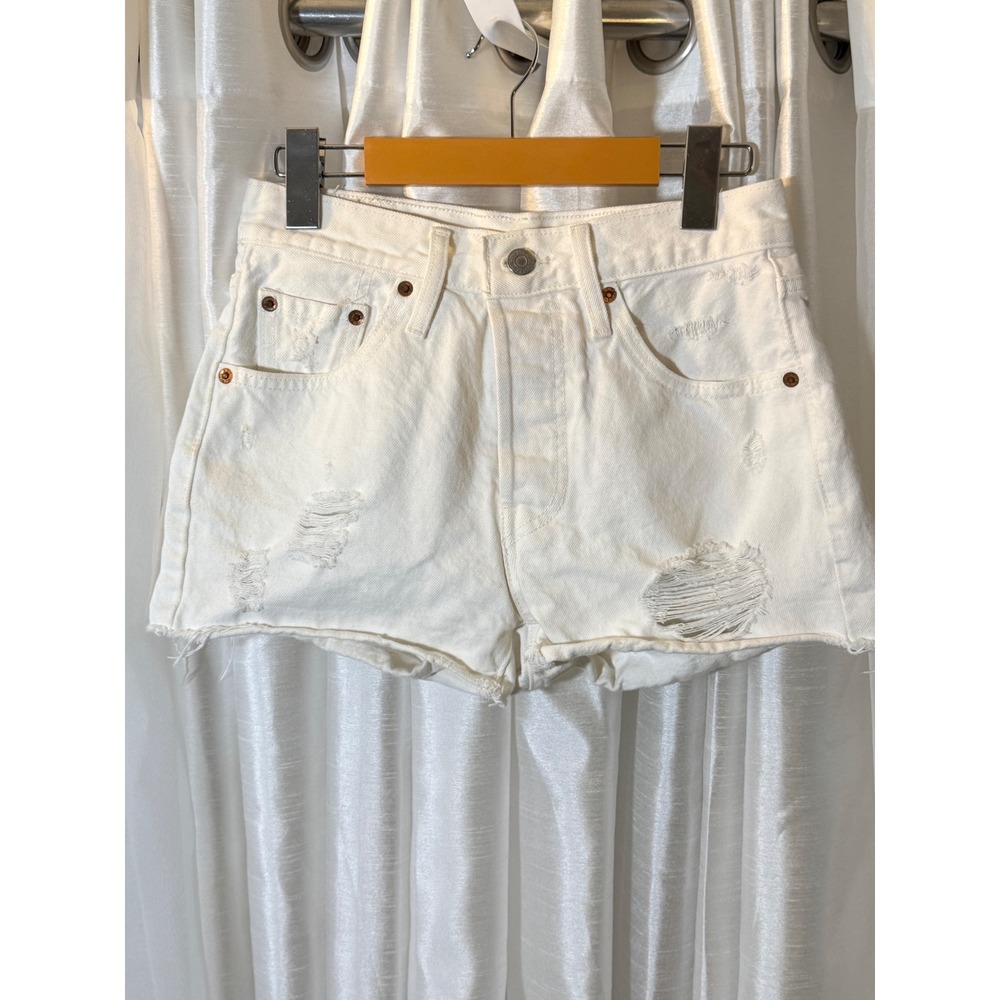 Levis 501 Original Shorts Womens 26 White Distressed High Rise Button Fly